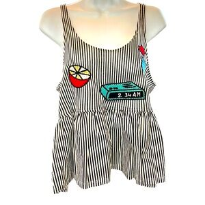 Zara Women's Black White Striped Embroidered Stamps Peplum Crop Tank Summer Sz S